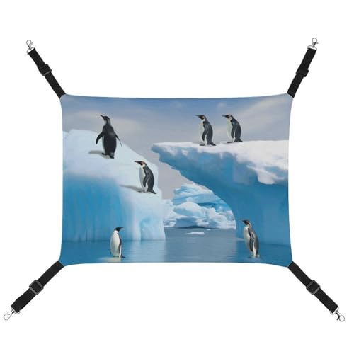 RKJVB Atmungsaktive Haustier-Hängematte mit verstellbaren Riemen, Pinguine auf dem Eisberg, bedruckt, wendbar, Katzenbett, Hundematten für kleine Kaninchen, Frettchen, Meerschweinchen, 42 x 33 cm von RKJVB