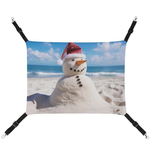 RKJVB Atmungsaktive Haustier-Hängematte mit verstellbaren Riemen, Strand, Sand, Schneemann, bedruckt, wendbar, Katzenbett, Hundematten für kleine Kaninchen, Frettchen, Meerschweinchen, 42 x 33 cm von RKJVB