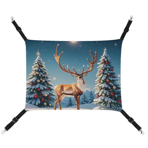 RKJVB Atmungsaktive Haustier-Hängematte mit verstellbaren Riemen, Weihnachts-Hirsch, Schneebaum, bedruckt, wendbar, Katzenbett, Hundematten für kleine Kaninchen, Frettchen, Meerschweinchen, 42 x 33 cm von RKJVB