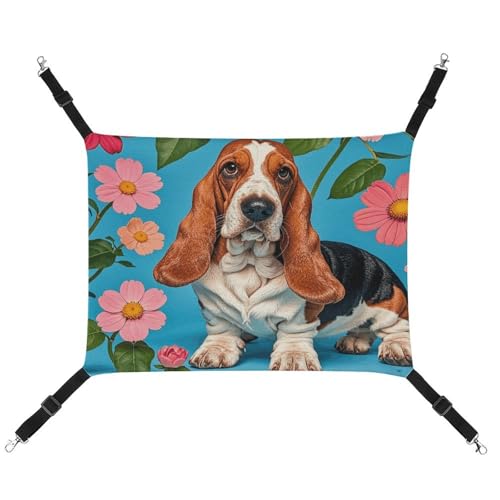 RKJVB Atmungsaktive Haustier-Hängematte mit verstellbaren Riemen, süßer Basset Hound Blumen, bedruckt, wendbar, Katzenbett, Hundematten für kleine Kaninchen, Frettchen, Meerschweinchen, 42 x 33 cm von RKJVB