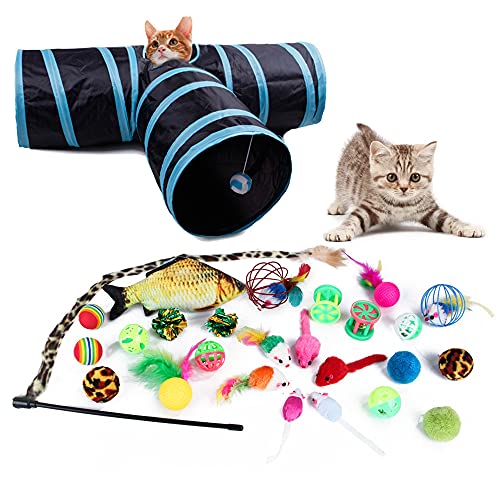 27 PCS Katzenspielzeug Set mit Katzentunnel,Katzenspielzeug Pack,Kätzchen Maus Spielzeug Set,Katzenspielzeug Ball mit Feder,Federspielzeug für Katzen,Katzenspielzeug Set von RLVOE