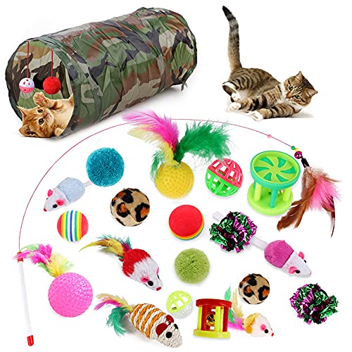 RLVOE 21PCS Katzenspielzeug Set mit Katzentunnel,Katzenspielzeug Pack,Kätzchen Maus Spielzeug Set,Katzenspielzeug Ball mit Feder,Federspielzeug für Katzen,Katzenspielzeug Set（Camouflage grün） von RLVOE