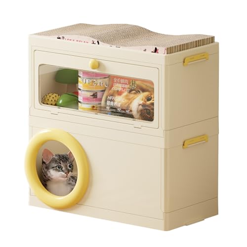 RMAN 3 Set Aufbewahrungsbox mit Katzenbett Höhle und Kratzbrett Faltbare Boxen Für Katzen Multifunktional Kiste für Haustierzubehör Katzensnacks Katzenstreu Katzenfutter (Gelb) von RMAN