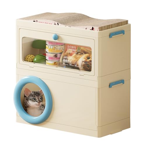 RMAN Aufbewahrungsbox mit Deckel 3 in 1 Für Katzen mit Katzenbett Höhle und Kratzbrett Multifunktional Faltbare Schließfachschrank Haustierzubehör für Katzensnacks, Katzenstreu, Katzenfutter (Blau) von RMAN