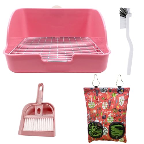 RMNHPTK 4-in-1 Kaninchen Töpfchen Toilette Fütterung Reinigung Set mit Heu-Futtertasche - Rosa von RMNHPTK