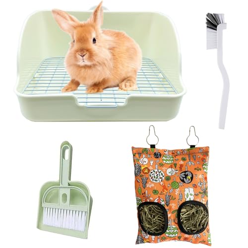 RMNHPTK Kaninchentoilette mit Heu-Futterspender Tasche Kaninchenkäfig Zubehör 4-in-1 Kaninchen Töpfchen Toilette Fütterung Reinigungsset für Zwergkaninchen Häschen Meerschweinchen Chinchilla (Weiß) von RMNHPTK