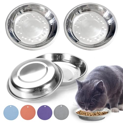 RMNHPTK Flache Katzenfutternäpfe, Edelstahl Katzenschalen Schnurrhaare Relief Katze Breite Schalen Haustierschalen mit Anti-Rutsch-Platzdeckchen Basic Schalen für Katze Kleine Hunde (6,97) von RMNHPTK