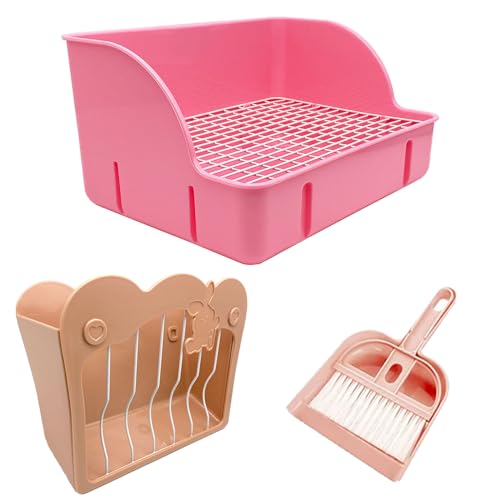 RMNHPTK Kaninchentoilette mit Heu Futterstation Kaninchenkäfig Zubehör Kleintiere Töpfchen Heu Spender Reinigungsset für Kaninchen Hasen Meerschweinchen Chinchillas (Rosa) von RMNHPTK