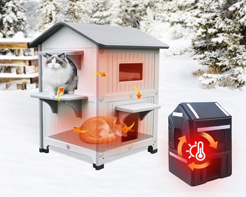 Rockever Katzenhaus aus Kunststoff für den Außenbereich mit isoliertem Futter, 100 % isoliert, Outdoor-Katzenhäuser für den Winter, wasserdicht, 2-stöckig, Katzenhaus für draußen, einfach zu reinigen von ROCKEVER