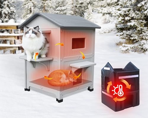 Rockever Katzenhaus aus Kunststoff für den Außenbereich mit isoliertem Futter, 100% isoliertes Katzenhaus für den Winter, wasserdicht, 2-stöckig, Katzenhaus für draußen, einfach zu reinigen und von ROCKEVER