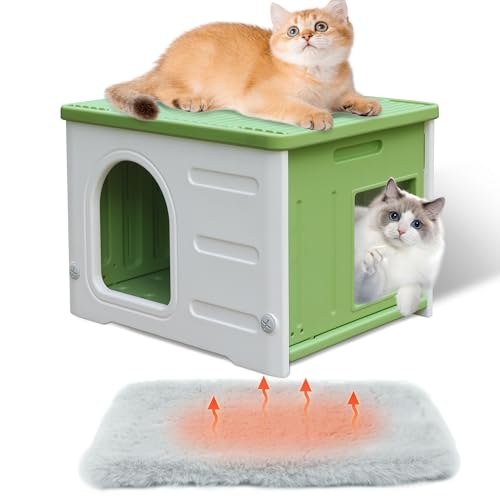 Rockever Katzenhaus aus Kunststoff im Freien mit Fluchttür, wasserdichtes Feral-Katzenhaus für Drinnen, stabiles Katzenhaus für Outdoor-Katzen, stabiles Katzenbett mit Matte für kleine Haustiere, von ROCKEVER