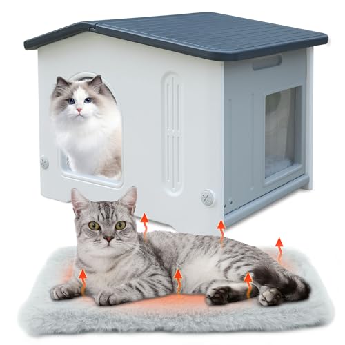 ROCKEVER Katzenhaus aus Kunststoff für den Außenbereich mit Fluchttür, wasserdicht, für Wildkatzen, Indoor-Katzenhaus mit Matte, stabil, einfach zu montieren, Grau von ROCKEVER