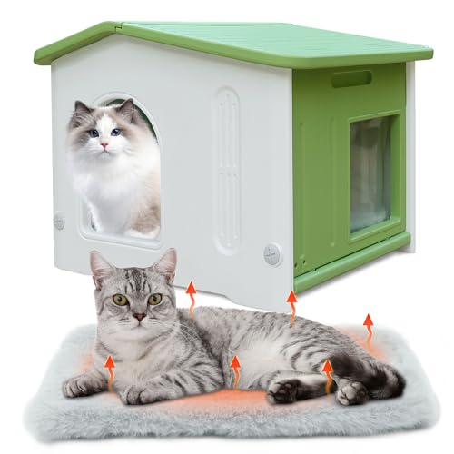 Rockever Katzenhaus aus Kunststoff für den Außenbereich mit Fluchttür, wasserdichte Katzenunterstände für Wildkatzen, Indoor-Katzenhaus mit Matte, stabiles Katzenhaus für Outdoor-Katzen, einfache von ROCKEVER