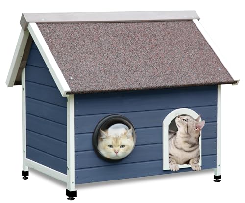 Rockever Outdoor Katzenhaus Katzenhaus für Outdoor Katzen Wildkatzenhaus mit Fluchttür und klaren Fenstern für 2 Katzen (Modern, Dunkelblau) von ROCKEVER