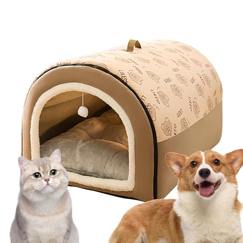 Höhle Hundebett | 2 in 1 Abnehmbares überdachtes Katzenbett mit Kugelanhänger - Flanell Katzenversteck | Katzennest Haus | Hundebetten für große Hunde | Katzenhöhlen für Indoor Katzen | Hundebett mit von ROCKIA