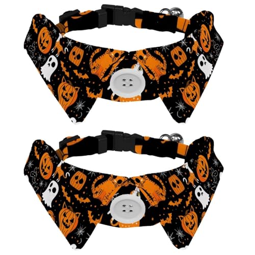 Hundehalsbänder für mittelgroße Hunde, Halloween-Geist, Kürbis, Katze, Fledermaus, Katze, Fliege mit Schnalle, Halsband-Shirts für Haustier-Fliegen, Halsumfang 28,4–31 cm, 2 Packungen von RODAILYCAY