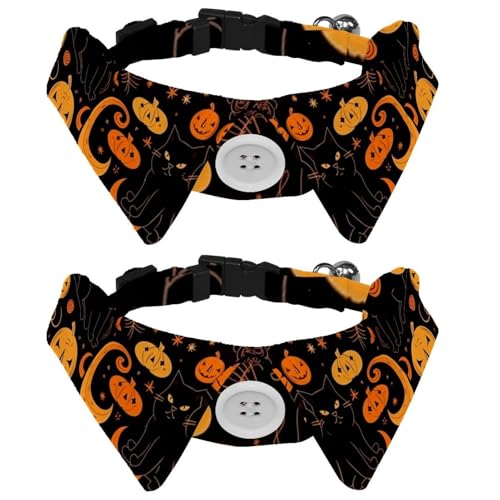 Niedliches Hundehalsband mit Fliege, schwarze Katze, Halloween, Kürbis, verstellbares Hemd, Revers-Design, Fliege, Haustierhalsband für kleine Hunde, Welpen und Katzen, 2 Packungen von RODAILYCAY