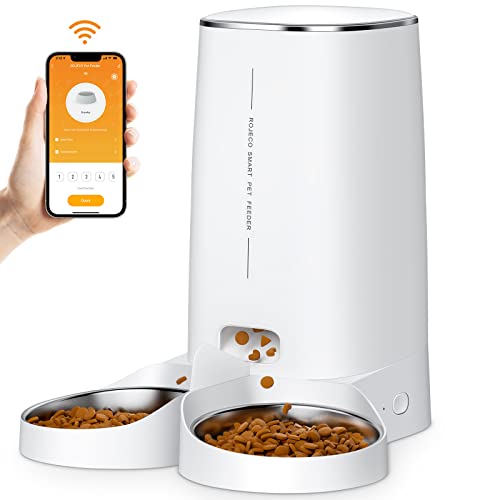 ROJECO Futterautomat Katze für 2 Näpfe, 4L WiFi APP-Automatisierte Waschbar Futterspender Katzenfutter mit Timer & Edelstahlschüssel, 1-10 Mahlzeiten pro Tag für kleine/mittlere Haustiere von ROJECO