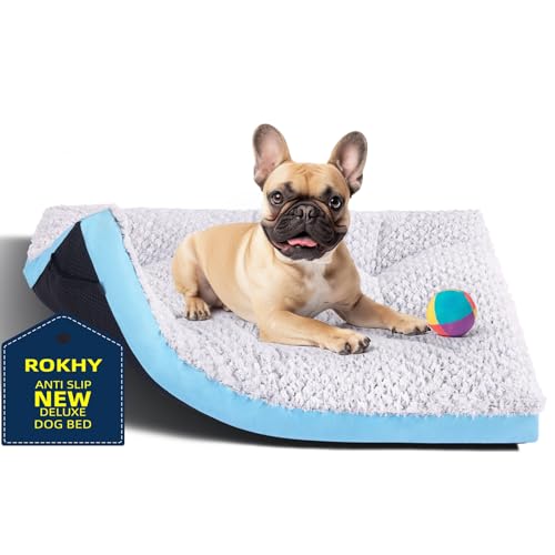 ROKHY Waschbares Premium-Hundebett, für kleine Hunde bis zu 11,3 kg, 61 x 43,2 cm, rutschfest, ultraweich, Hellblau von ROKHY