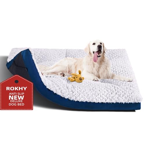 ROKHY Waschbares Premium-Hundebett, groß, 91,4 cm, rutschfest, ultraweich, für große Hunde bis zu 31,8 kg, 91,4 x 58,4 cm, Dunkelblau von ROKHY