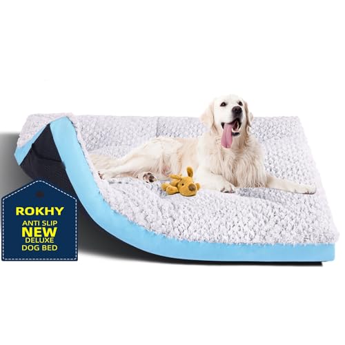 ROKHY Waschbares Premium-Hundebett, groß, 91,4 cm, rutschfest, ultraweich, für große Hunde bis zu 31,8 kg, 91,4 x 58,4 cm, Hellblau von ROKHY