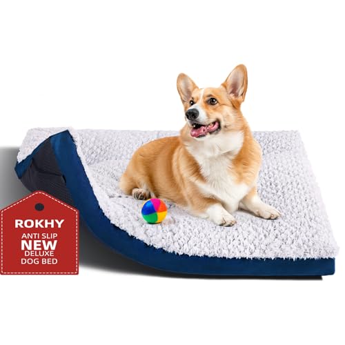 ROKHY Waschbares Premium-Hundebett, mittelgroß, 76,2 cm, rutschfeste und ultraweiche Haustierbetten für mittelgroße Hunde bis zu 18 kg, 76,2 x 48,3 cm, Dunkelblau von ROKHY