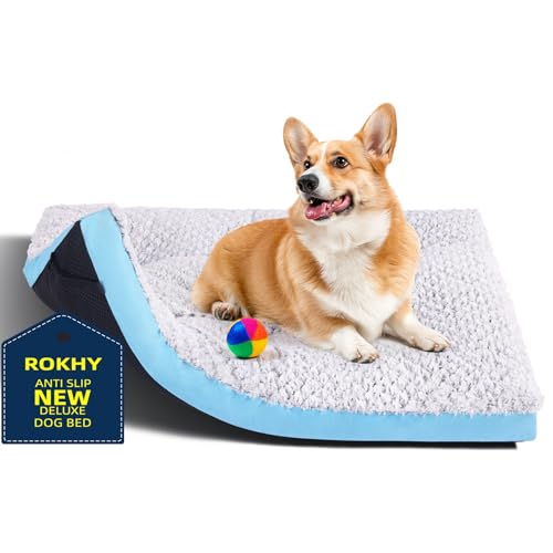 ROKHY Waschbares Premium-Hundebett, mittelgroß, 76,2 cm, rutschfeste und ultraweiche Haustierbetten für mittelgroße Hunde bis zu 18 kg, 76,2 x 48,3 cm, Hellblau von ROKHY