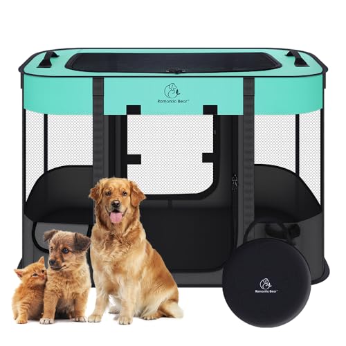 ROMANTIC BEAR Welpenauslauf Hundebox Faltbar Wasserdicht Tierlaufstall Abnehmbar Transportbox Freigehege für Katze Kaninchen Haustier mit Tragbar Handtasche,Hund Laufgitter für Camping Reisen L von ROMANTIC BEAR