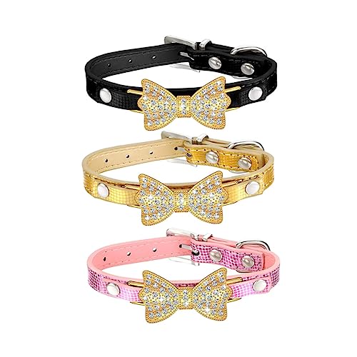 ROMISBABA 3Stücke PU Rhinestone Hundehalsband Mit Schleife Stilvolles Haustierhalsband Für Hunde Und Katzen Gemischte Farben S Zubehör Für Haustierliebhaber von ROMISBABA