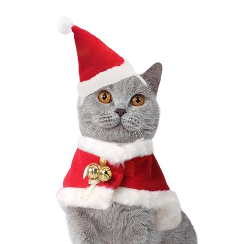 Weihnachtskostüm für Hunde und Katzen, Weihnachtskleid, Weihnachtsumhang und Fliege für Katzen, Weihnachts-Hundemütze, ideal für kleine/mittelgroße Katzen/Hunde, Rot(Set,Osfa) von ROMOZ