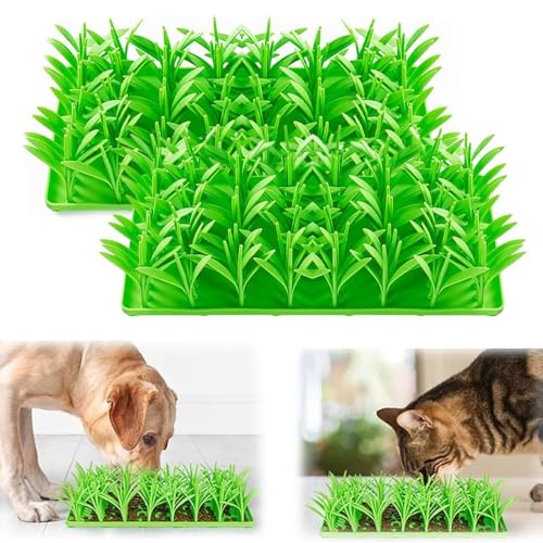 Silikon-Grasmatte für Katzen, Katzengrasmatte, Haustier-Futtermatte, grünes Gras, Silikon, Slow Food-Matte, interaktive Schnüffelmatten für Hunde, Katzen, Haustiere (16,9 x 36,1 x 8,6 cm, 2 Stück) von ROMPOTY