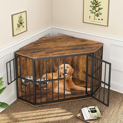 ROOMTEC 134,6 cm Möbel Hundekäfig Ecke, Hundehütte Ecktisch Holz Beistelltisch mit Schüssel, Indoor Pet Crates Corner Beistelltisch für Hunde, Breite Oberseite Perfekt für begrenzten Raum von ROOMTEC