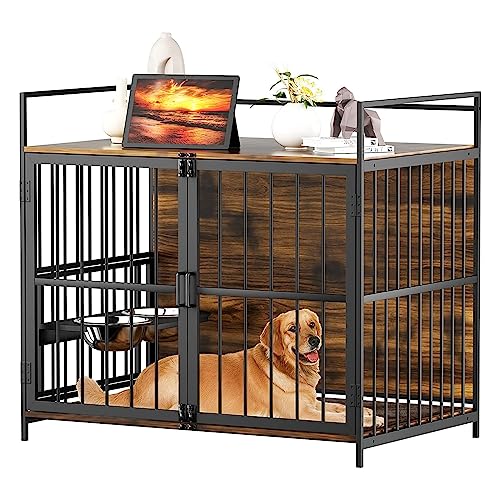 ROOMTEC Furniture Style Große Hundebox mit 360° & verstellbarem, erhöhtem Futterspender für Hunde, 2 Edelstahlnäpfe, Endtisch-Unterlage, Innenbereich, 104,1 x 61 x 91,4 cm (L x B x H), klassisches von ROOMTEC