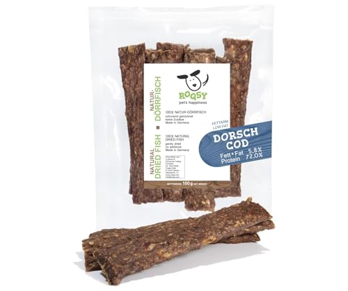 ROQSY Natur-Dörrfisch 100% DORSCH Trockenfisch für Hunde 100g, FETTARM, Barf-Ergänzung, getreidefrei, Jerky, Hundesnack, Kaustreifen, Leckerli, Kaufisch schonend getrocknet von ROQSY