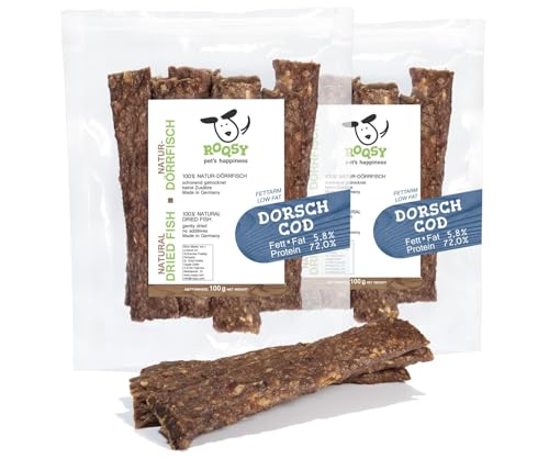 ROQSY Natur-Dörrfisch 100% DORSCH Trockenfisch für Hunde, Proteinreich & fettarm, Barf-Ergänzung, getreidefrei, Jerky, Hundesnack, Kaustreifen, Leckerli, Kaufisch für Allergiker - 200g von ROQSY