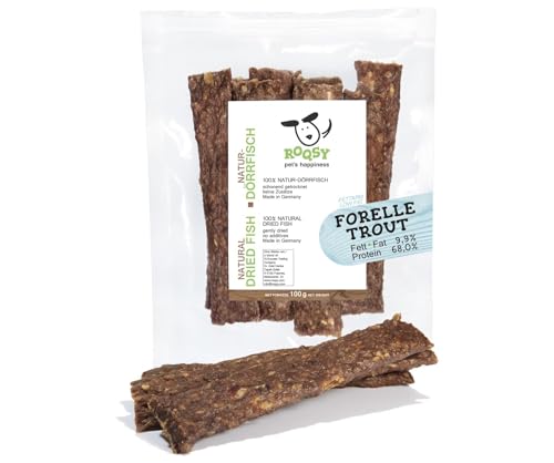 ROQSY Natur-Dörrfisch 100% Forelle Trockenfisch für Hunde, Proteinreich & fettarm, Barf-Ergänzung, getreidefrei, Jerky, Hundesnack, Kaustreifen, Leckerli, Kaufisch für Allergiker - 100g von ROQSY