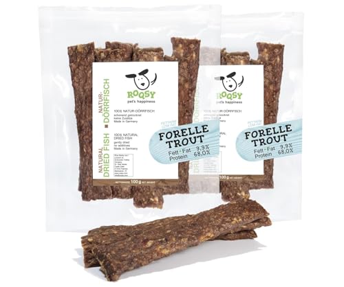 ROQSY Natur-Dörrfisch 100% Forelle Trockenfisch für Hunde, Proteinreich & fettarm, Barf-Ergänzung, getreidefrei, Jerky, Hundesnack, Kaustreifen, Leckerli, Kaufisch für Allergiker - 200g von ROQSY