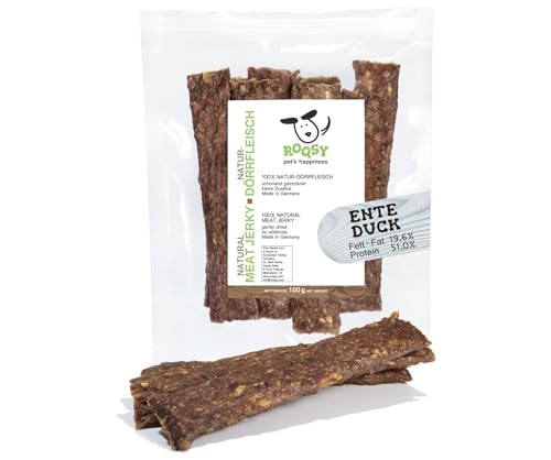 ROQSY Natur-Dörrfleisch 100% Ente Trockenfleisch für Hunde 100g Kauartikel auch für Welpen, getreidefrei, Jerky, Hundesnack, Kaustreifen, Leckerli, Kauleisch schonend getrocknet von ROQSY