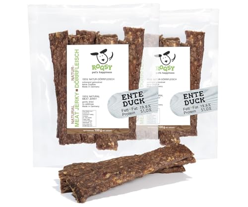 ROQSY Natur-Dörrfleisch 100% Ente – Getreidefrei, Kauartikel, Trockenfleisch, Leckerli für Hunde, Idealer Snack für Welpen, Kaustreifen, Barf-fähig, Jerky – 200g von ROQSY