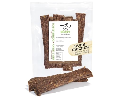 ROQSY Natur-Dörrfleisch 100% Huhn – Getreidefrei, Kauartikel, Trockenfleisch, Leckerli für Hunde, Idealer Snack für Welpen, Kaustreifen, Barf-fähig, Jerky – 100g von ROQSY