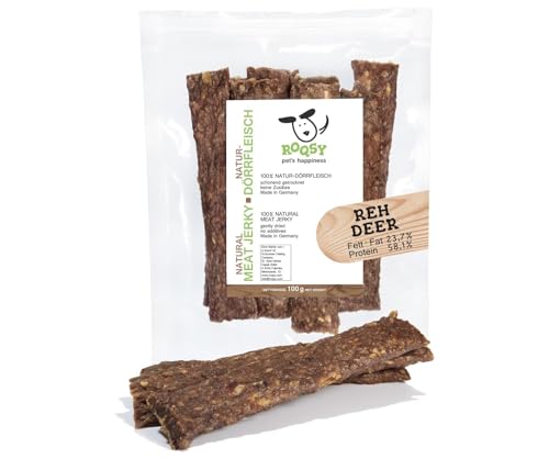 ROQSY Natur-Dörrfleisch 100% REH – Getreidefrei, Kauartikel, Trockenfleisch, Leckerli für Hunde, Idealer Snack für Welpen, Kaustreifen, Barf-fähig, Jerky – 100g von ROQSY