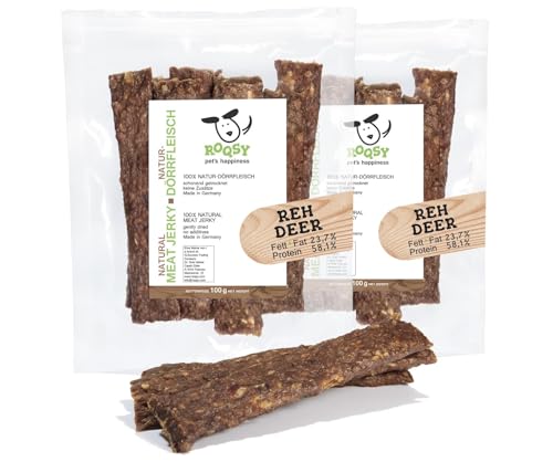 ROQSY Natur-Dörrfleisch 100% REH Trockenfleisch für Hunde 200g/2x100g Kauartikel, Barf-fähig, getreidefrei, Jerky, Hundesnack, Kaustreifen, Leckerli, Kaufleisch schonend getrocknet von ROQSY