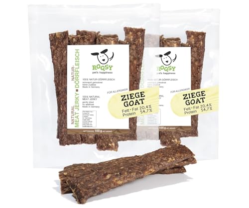 ROQSY Natur-Dörrfleisch 100% Ziege – Getreidefrei, Kauartikel, Trockenfleisch, Leckerli für Hunde, Idealer Snack für Welpen, Kaustreifen, Barf-fähig, Jerky – 200g von ROQSY