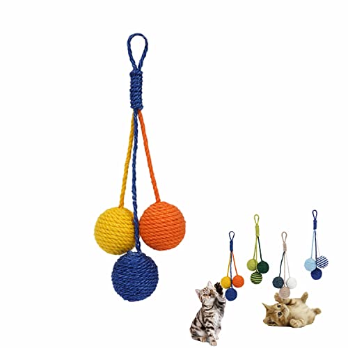 RORIPOPPU Katzenspielzeug Sisalball zum Aufhängen, Katzenspielzeug, handgefertigt, Katzenseil, Ball, Kauen, umweltfreundliches Spielzeug, Katzenspielzeug für Indoor-Katzen (3 Stück, Primärfarbe) von RORIPOPPU