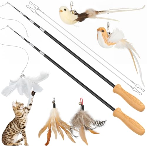 ROSAUI 2X Katzenangel lang, interaktives katzenspielzeug mit 2 Vogel und 3 Federn, Katzen Spielzeug für Kitten, cat Toys stabil 137cm von ROSAUI