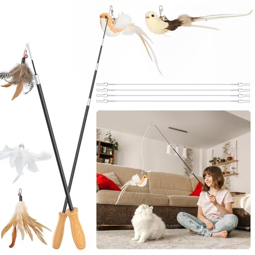 ROSAUI 2X Katzenangel lang, interaktives katzenspielzeug mit 2 Vogel und 3 Federn, Katzen Spielzeug für Kitten, cat Toys stabil 116cm von ROSAUI