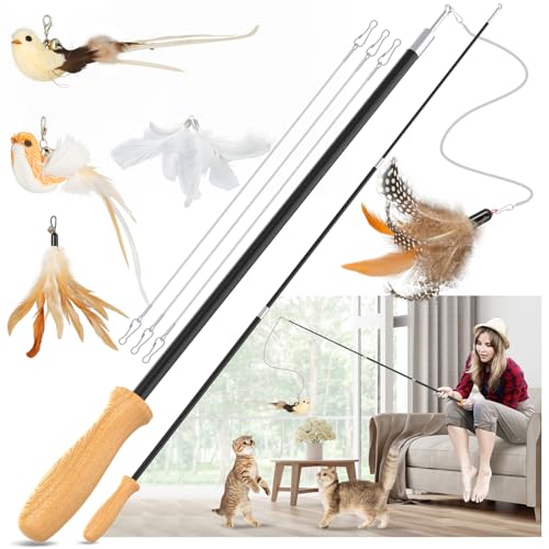 ROSAUI 2X Katzenangel lang, interaktives katzenspielzeug mit 2 Vogel und 3 Federn, Katzen Spielzeug für Kitten, cat Toys stabil 106cm von ROSAUI