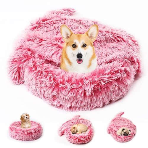 Kleines Hundebett und Katzenhöhle, abnehmbar, waschbar, runde Betten für kleine Haustiere, süßes Donut-Hundebett, Plüsch-Haustierbett (Rosa, M) von ROSUN