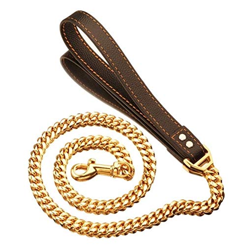 Seil 14mm Breite Goldener Silberner Edelstahlkette Mit Schwarzer Leder Hundeleine-Trainings-Haustiervorräte (Color : Golden 60cm, Size : As Shown) von ROTAKUMA