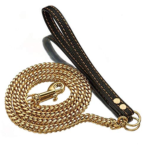 Seil Goldene Silber-Edelstahl-Kette Mit Schwarzer Leder-Hundeleine Kühlen Ausbildung Pet Supplies (Color : Golden 100cm, Size : As Shown) von ROTAKUMA